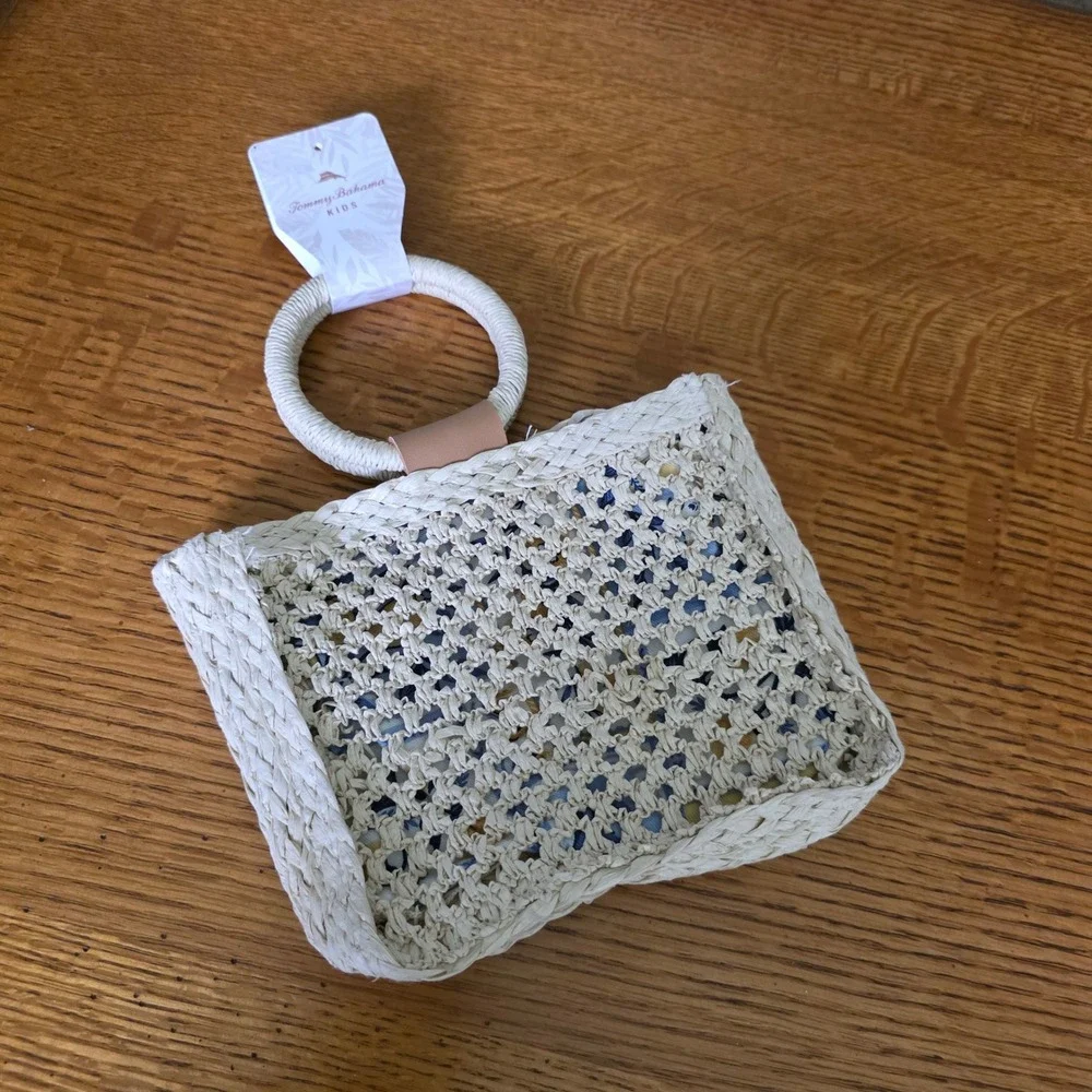 Tommy Bahama Kids Woven Straw Ring Handle Handbag Blue Yellow Tile Lining NEW